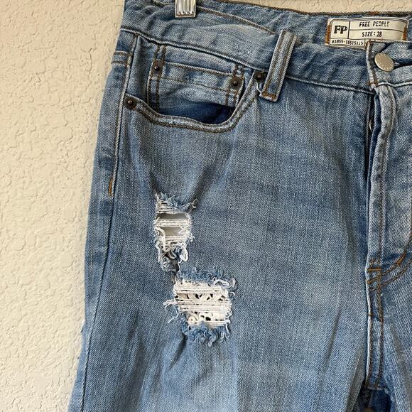 FREE PEOPLE Ella Jeans Blue Denim Distressed Button Fly Cropped - Picture 5 of 14